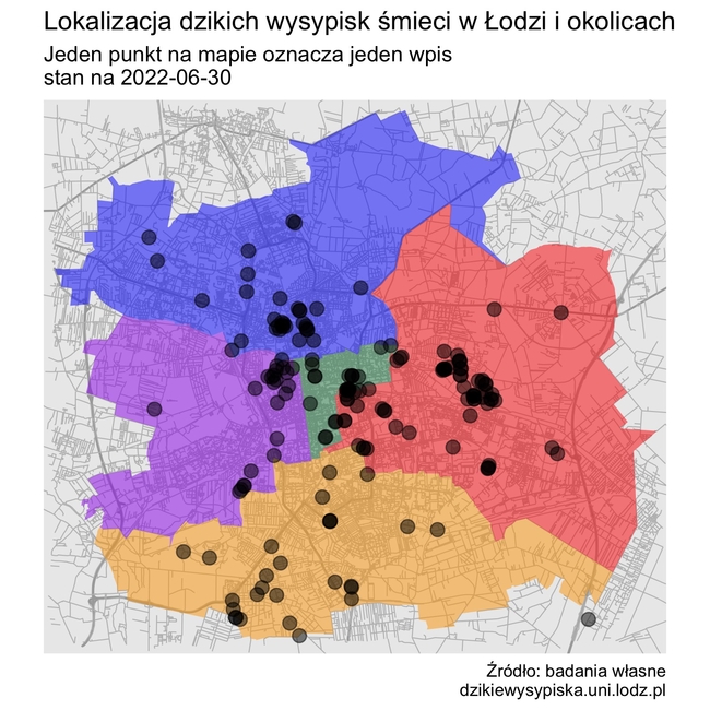 mapa dzikich wysypisk śmieci w Łodzi i okolicach z zaznaczonymi obszarami dzielnic miasta i lokalizacją dzikich śmietnisk