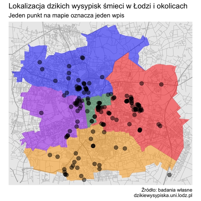 mapa dzikich wysypisk śmieci w Łodzi i okolicach z zaznaczonymi obszarami dzielnic miasta i lokalizacją dzikich śmietnisk